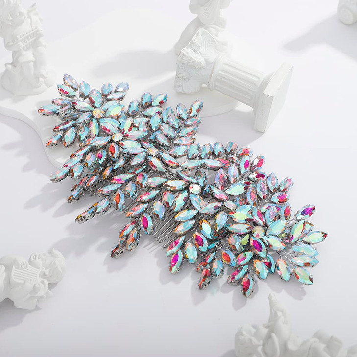 Teyglen Large Full Rhinestones Flower Bride Wedding Hair Comb Headband Luxurious Hair Accessories Dainty Crystals Bridal