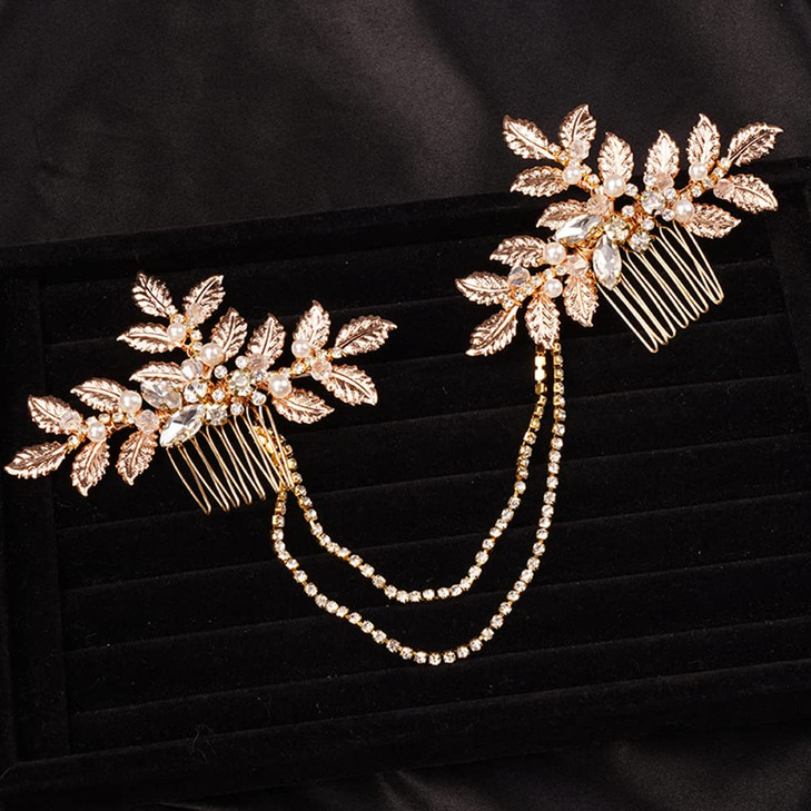 Teyglen Dainty Bridal Gold Leaf Hair Comb Headband Handmade Crystals Pearl Hair Pieces for Bride Rhinestone Headpieces H