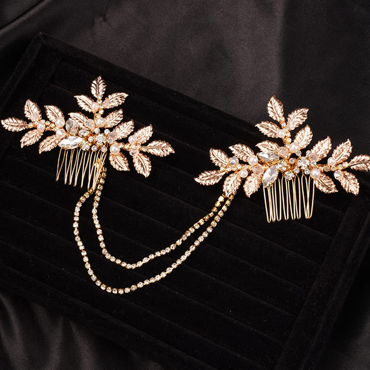 Teyglen Dainty Bridal Gold Leaf Hair Comb Headband Handmade Crystals Pearl Hair Pieces for Bride Rhinestone Headpieces H