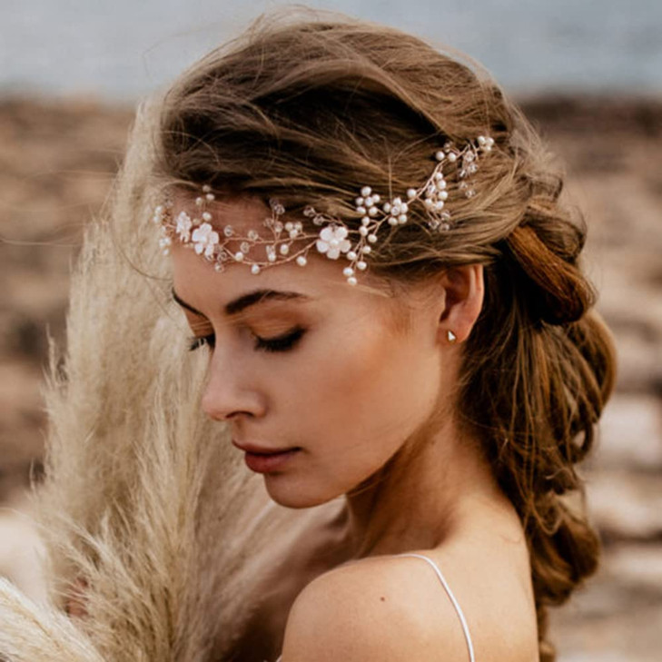 Teyglen Bridal Flower Pearl Headband Hair Vine Gold Silver Rhinestones Headpieces for Wedding Party Prom Vintage Hair Pi