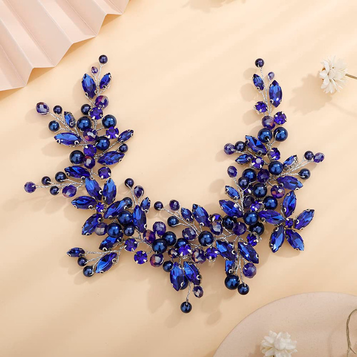 Teyglen Dainty Flower Blue Rhinestones Crystal Headband Bride Wedding Pearls Headband Hair Vine Luxurious Hair Accessori