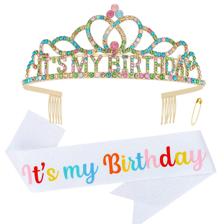 ACOUINT Birthday Crown for Women Colorful Birthday Headband Birthday Sash Its My Birthday Crown Birthday Girl Crown Birt