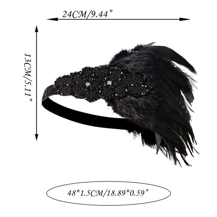 VENOFEN 1920s Flapper Headpiece Black Feather Headband Rhinestone Roaring 20s Gatsby Style Headpiece Retro Hair Accessor