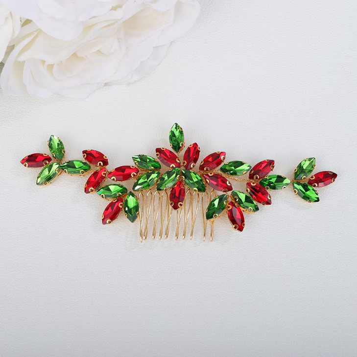Teyglen Crystal Bride Wedding Hair Comb Red and Green Rhinestone Headpiece for Christmas Party Prom Bridal Crystal Hair