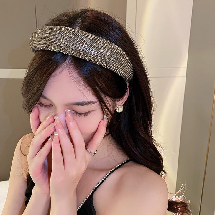 Jumwrit Bling Rhinestone Headband Nonslip Thick Padded Headband Glitter Sparkle Hairband Fashion Wide Hair Hoop Accessor