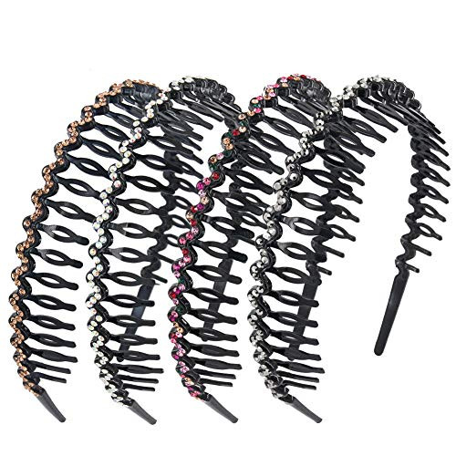 Yeshan Rhinestone and Crystal Headbands For Women with Teeth Comb Nonslip Hard Plastic Headbands In Wave shapePack of 4