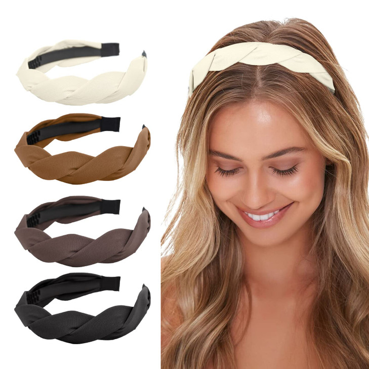 WOVOWOVO 4 Pieces Braided Headband for Women Girls Wide Hairband Fashion Non Slip Hairhoop Weaving Shape Accessories Sol