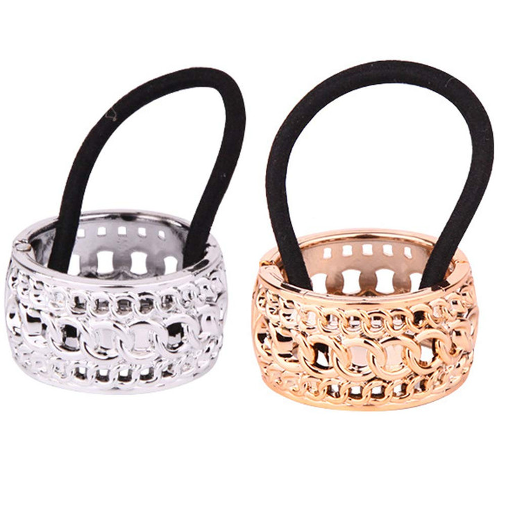 Metallic Plating Pattern Circle Cuff Hair Rings Silver and Gold Elastic Hair Ties Ponytail Holder Spring Clasp Wrap Pony