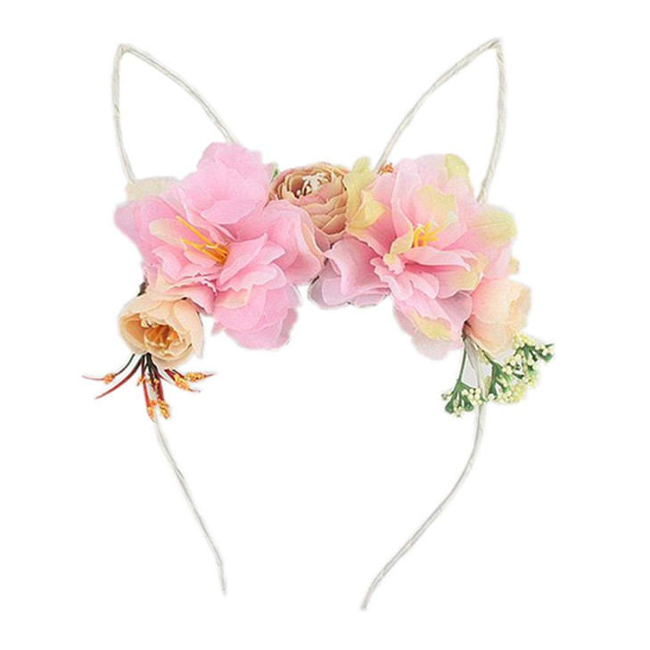 Easter Rabbit Ear Headband with Flowers Headpiece for Women Girls TSFG03 Pink
