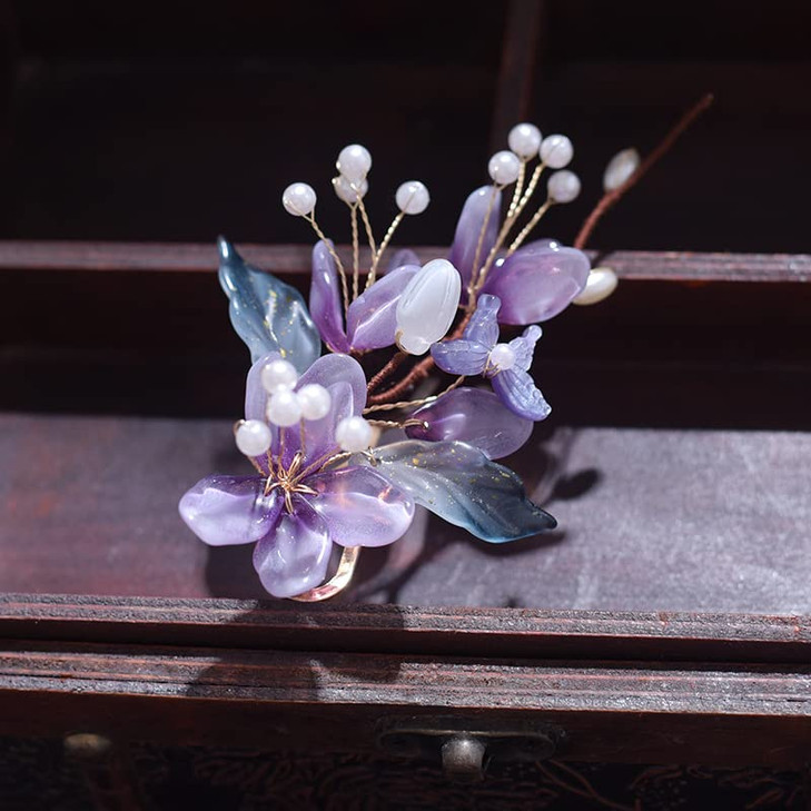 1 Pcs 6inch Rabithenn Purple flower vine Barrettes for Women Chinese Hanfu Classic Acrylic Resin Pearl Hair Clips Flower