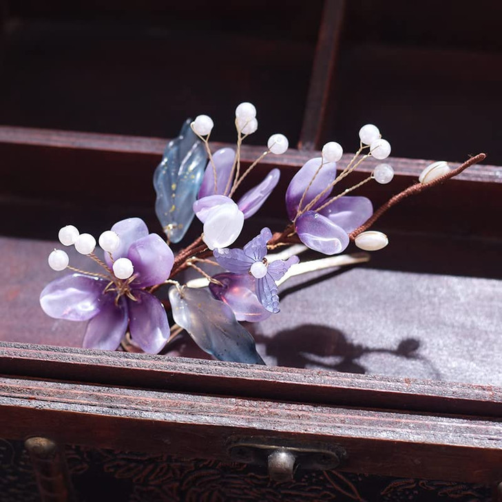 1 Pcs 6inch Rabithenn Purple flower vine Barrettes for Women Chinese Hanfu Classic Acrylic Resin Pearl Hair Clips Flower