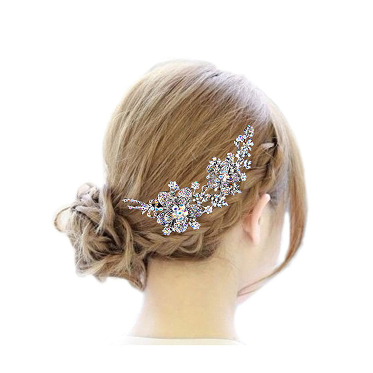 EVER FAITH 6 Inch Flower Leaf Bowknot Hair Comb Iridescent Clear AB Austrian Crystal SilverTone