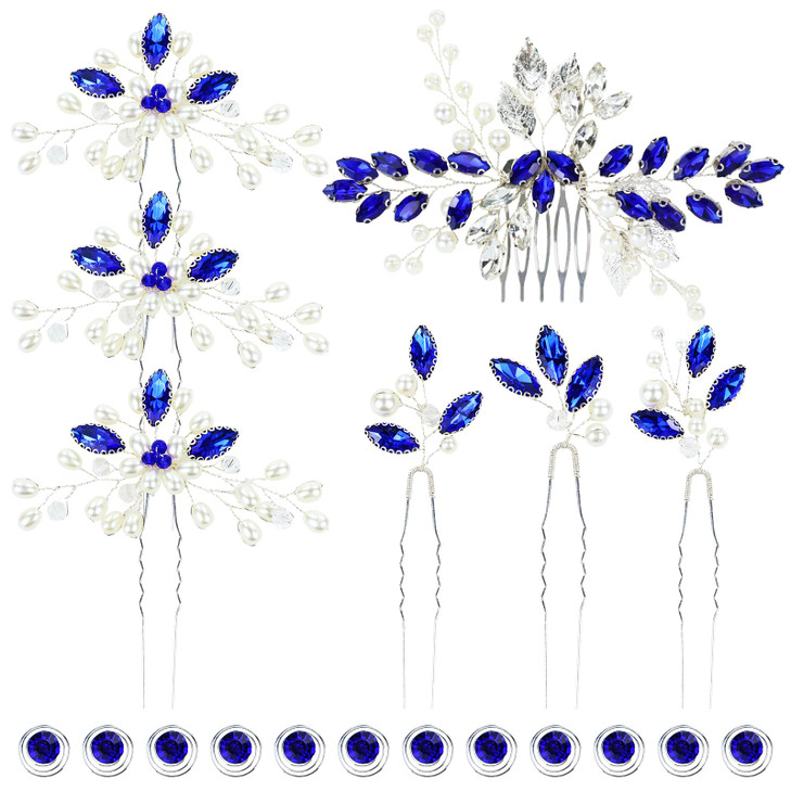 inSowni 7 Pieces Bridal Wedding Silver Pearl Flower Hair Side Combs Ushaped Hairpins 12pcs Twist Blue Rhinestone Hair Pi