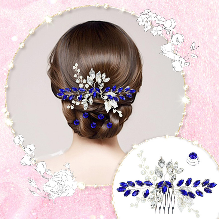 inSowni 7 Pieces Bridal Wedding Silver Pearl Flower Hair Side Combs Ushaped Hairpins 12pcs Twist Blue Rhinestone Hair Pi