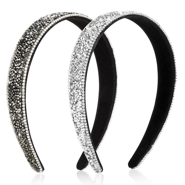 Wecoe 2 Pack Rhinestone Headbands Women Black Silver Headband Wide Headbands For Women Non Slip Fashion Bling Sparkly Di
