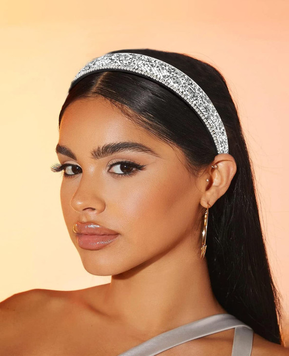 Wecoe 2 Pack Rhinestone Headbands Women Black Silver Headband Wide Headbands For Women Non Slip Fashion Bling Sparkly Di