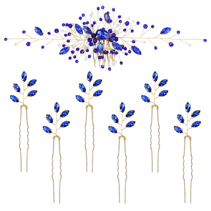 inSowni 7 Pieces Vintage Party Prom Wedding Bridal Royal Blue Beads Crystal Rhinestone Hair Side CombsUshaped Hair Pins