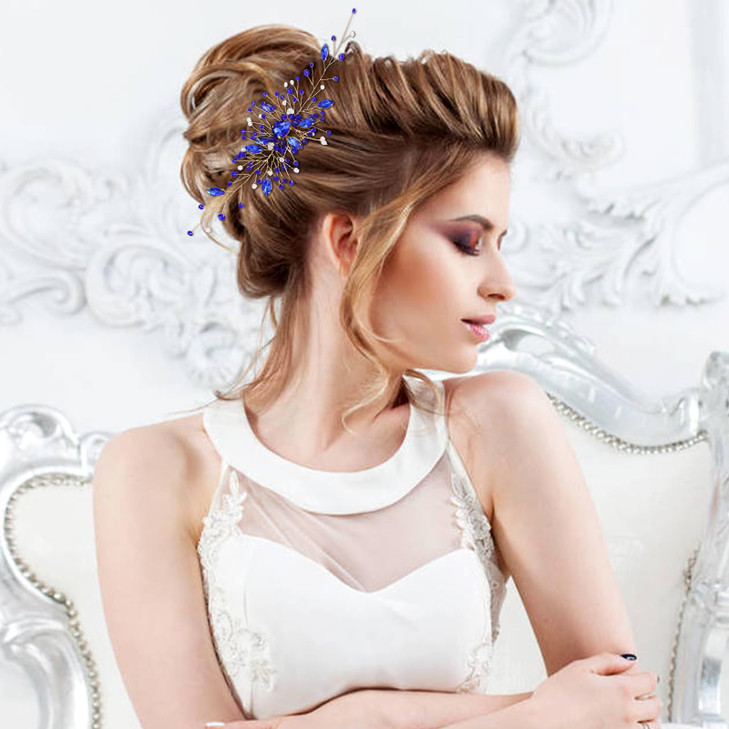 inSowni 7 Pieces Vintage Party Prom Wedding Bridal Royal Blue Beads Crystal Rhinestone Hair Side CombsUshaped Hair Pins