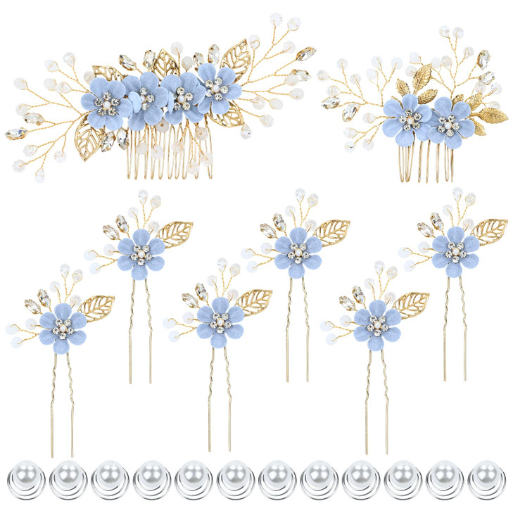 Dizila 20 Pieces Bridal Wedding Party Prom Rhinestone Pearl Light Blue Flower Hair Side Combs SlidesUshaped Flower Hair