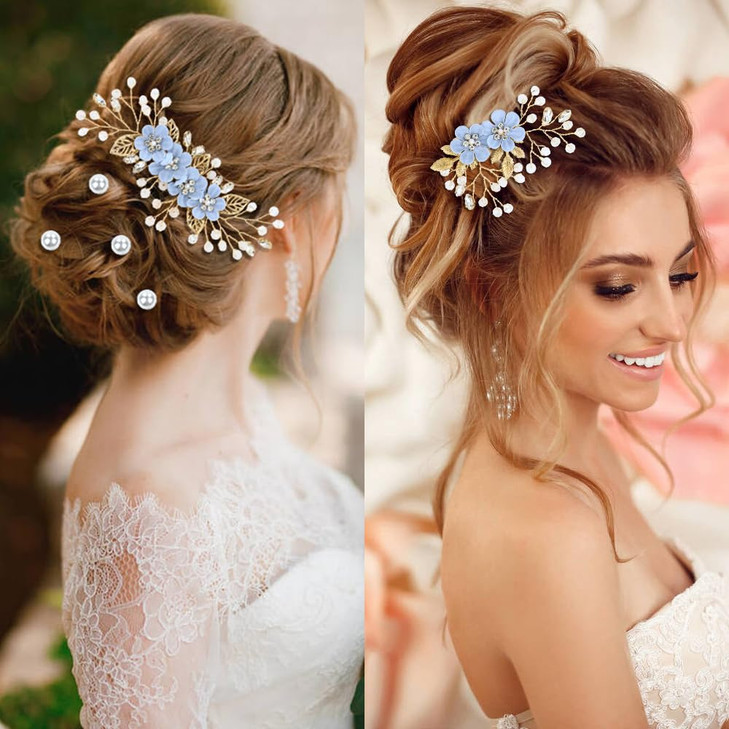 Dizila 20 Pieces Bridal Wedding Party Prom Rhinestone Pearl Light Blue Flower Hair Side Combs SlidesUshaped Flower Hair
