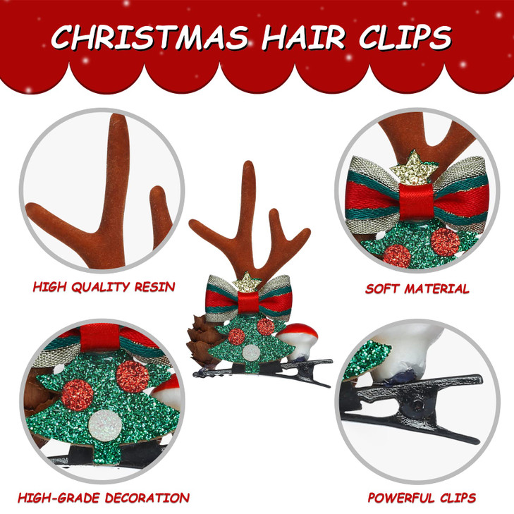 TailaiMei Reindeer Hair Clips 2 Pairs Christmas Antlers Ears Hair Pins with Glitter Christmas tree and Santa Cute Christ