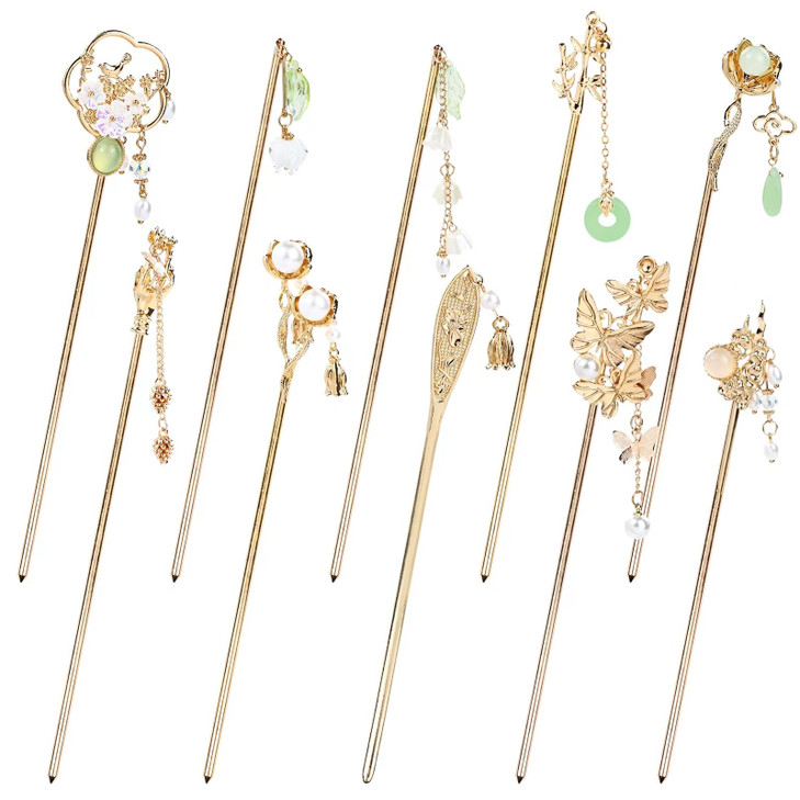 Cinaci 10 Pieces Decorative Vintage Retro Pearl Gold Metal Hair Sticks Pins with Pendants Chinese Hanfu Asian Flower But