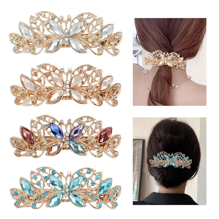 Lawie 4 Pack Luxury Butterfly Jeweled Crystal Rhinestone Glitter Sparkly Metal Hair Barrettes Snap Clips Hairpins Hairgr