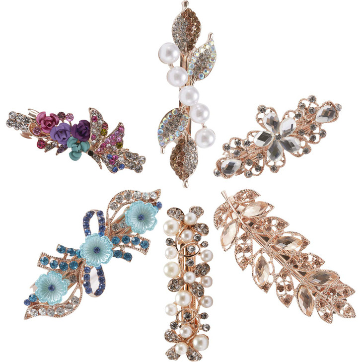Lawie 6 Pack Large Delicate Floral Jeweled Crystal Rhinestone Pearl Glitter Sparkly Gold Metal Snap Hair Clips Hairpins