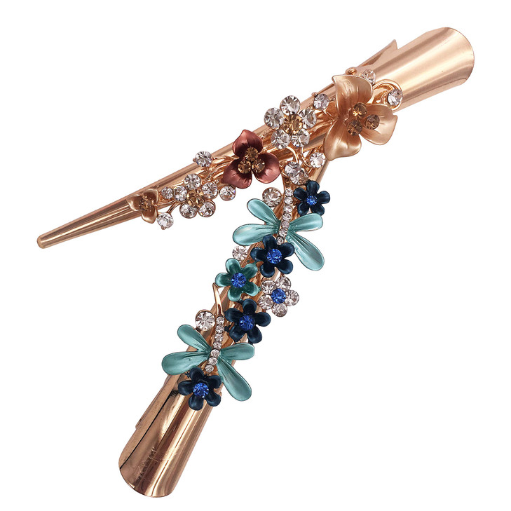 2PCS Boho Iris Dragonfly Long Duckbill Beak Alligator Crocodile Teeth Gold Tone Metal Hair Clip Clamp for Women