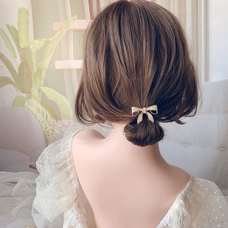 Xiwstar 4Pcs Elegant Pearl Rhinestone Hair Bow Ties Hair Scrunchies Stretch Hair Ropes Accessories for Women and Girls P