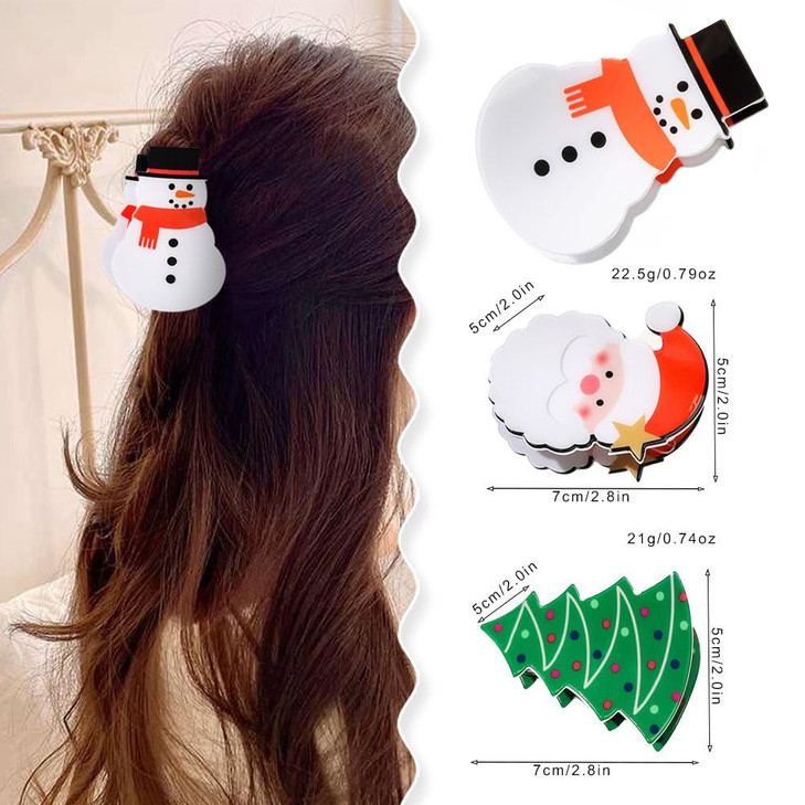 3 Pcs Christmas Hair Claw Clips For Women Girls Christmas Tree Snowman Santa Claus Hair Claw Clips For Thin Medium Hair