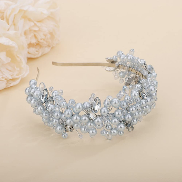 Teyglen Bridal Blue Pearl Beads Tiara Headband Crystal Wedding Hair Crown Handmade Rhinestone Headpieces Hair Accessorie