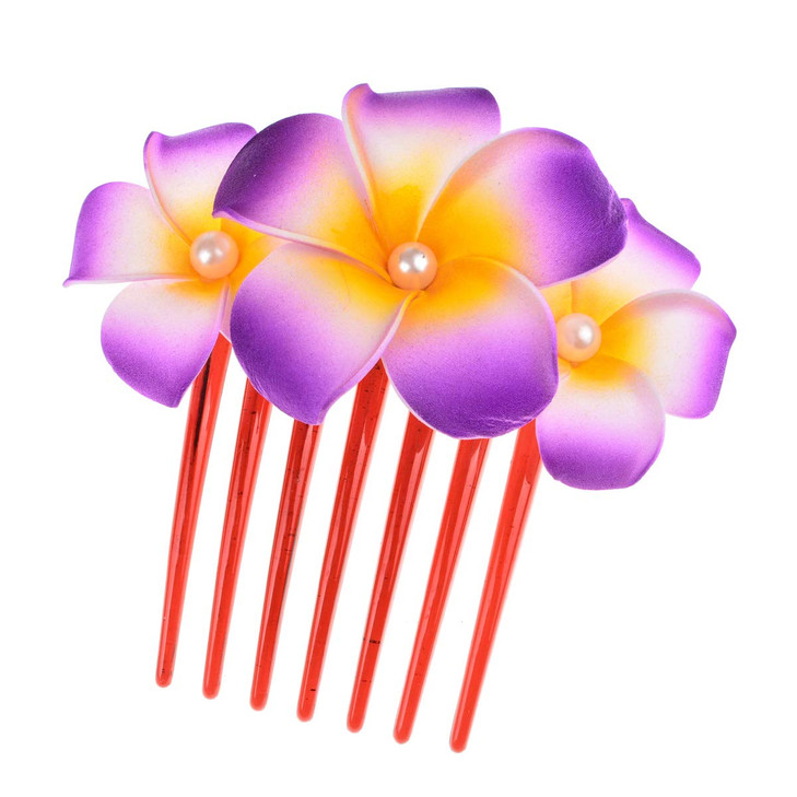 Love Sweety Hawaiian Plumeria Pearl Hair Clips Women Side Comb Flower Barrettes for Beach Party Comb Purple