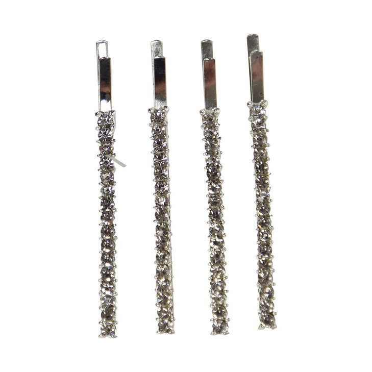 Clear Rhinestone Studded Hair Barette Bobby Pin Clip 4 Count Silver