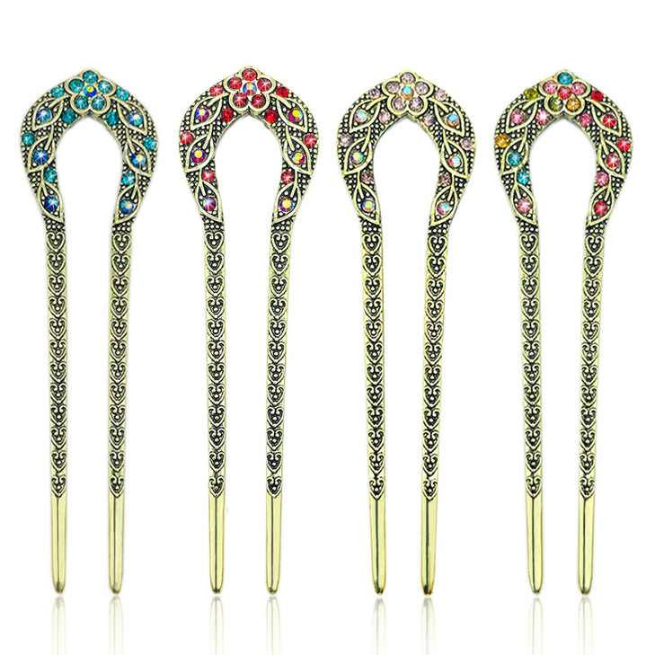 4 Pieces French Hair Pins Metal U Shaped Hairpins Vintage Double Prong Hair Forks Stick with Rhinestone Crystal French L