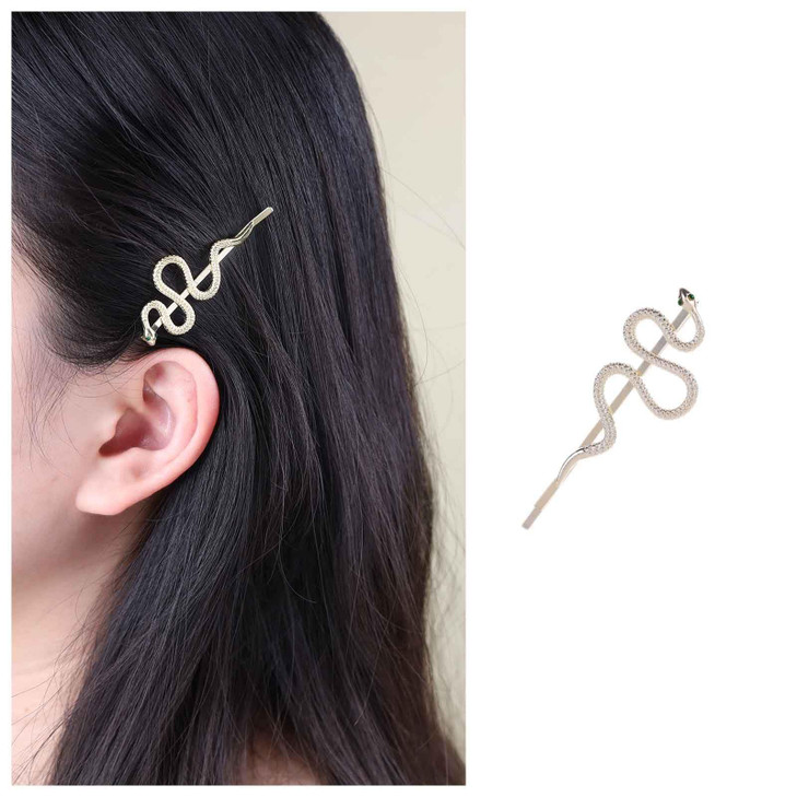 Iaceble Crystal Snake Hair Clip Barrette Gold Snake Bobby Pin Clip Metal Serpent Hairpins Clip Punk Animal Hair Pin Head