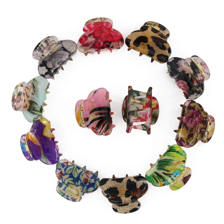 Carede Mini 12 inch Plastic NoSlip Grip Jaw Hair ClipFloral Printed Small Acrylic Hair Claw Clips for Girls and WomenPac