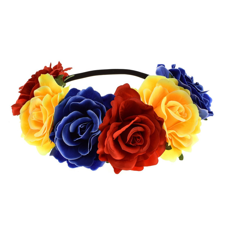 June Bloomy Rose Floral Crown Garland Flower Headband Headpiece for Wedding Festival Red Yellow Blue