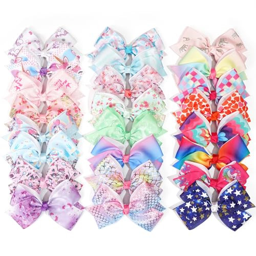 24PCS 45Inch Bows for Girls Boutique Grosgrain Ribbon Rainbow Hair Bow Alligator Hair Clips Pigtail Bows Unicorn Hair Cl