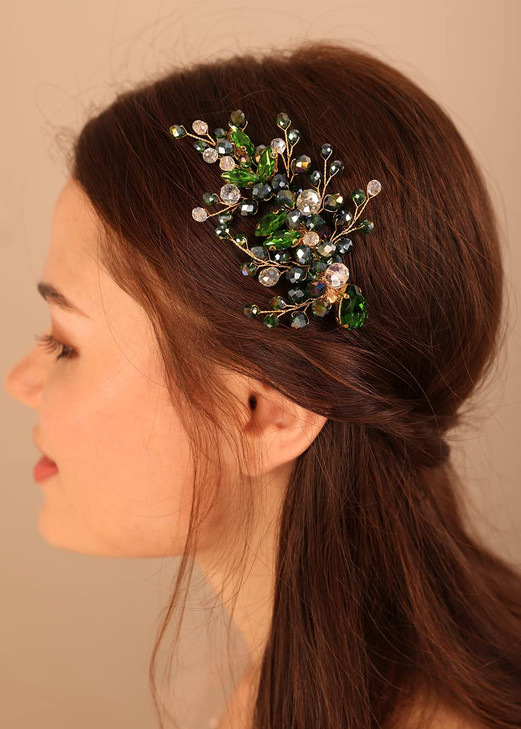 Kercisbeauty Emerald Green Hair Clip for Brides Bridesmaid Wedding Hair Jewelry with Crystal Elegant Hair Piece for Wome
