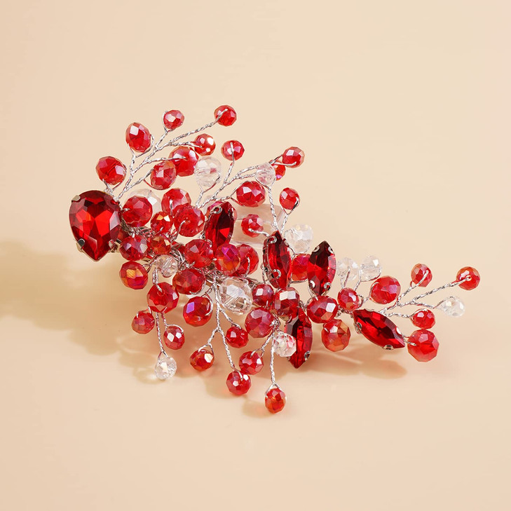 Kercisbeauty Red Crystal Hair Piece for Women and Girls Wedding Bridal Hair Clips Boho Cute Rhinestones Hair Accessory R