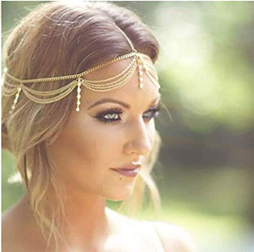 Denifery Gold Rhinestone Wedding Bridal Prom Bohemian Boho Grecian Head Chain Hair Jewelry Head Piece Bollywood Bride Gl