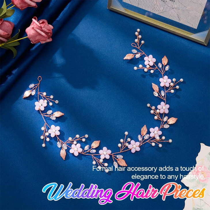 Aukmla Bride Wedding Hair Vines Flower Headbands Crystal Headpiece Bridal Jewelry for Women and Girls Rose Gold