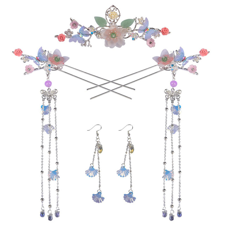 Alloy Hair Sticks Pinsfemale Long Tassel Hanfu Chinese Hair CombEarrings Set female Traditional Classical Style A
