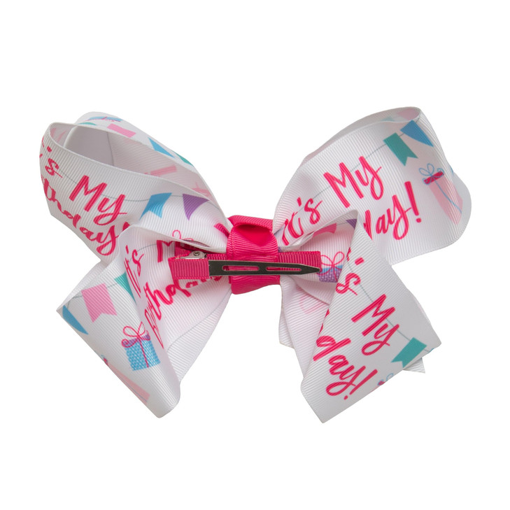 HAIRBOWS Girls Grosgrain Hair Bow with Knot Wrap Center on a Hair Clip All Ages and Hair Types 6 Inch Bows ItS My Birthd