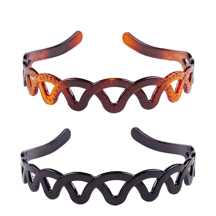 Set of 2 Women Hard Plastic Headband Hair Hoop Black and Brown Highgrade Headwear Hairband Style C