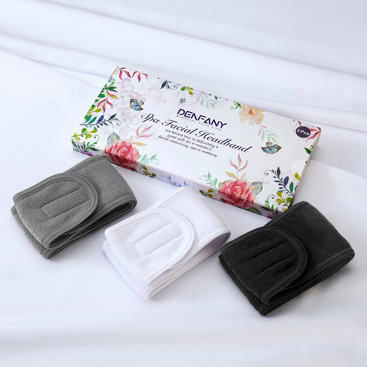 Denfany Spa Headband 3 Pack Ultra Soft Adjustable Face Wash Headband Terry Cloth Stretch Make Up Wrap for Face Washing S
