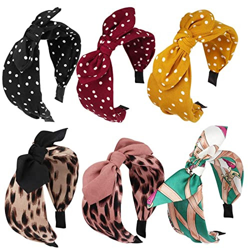 Jaciya 6 Pieces Knotted Bow Headbands for Women Fashion Wide Headband with Bow Bunny Ears Headband Vintage Hair Bands Gi
