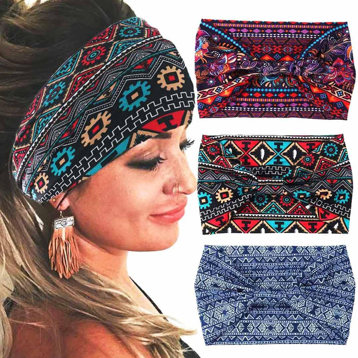 GORTIN 3 Pack Boho Wide Headbands African Turban Head Bands Leopard Stretch Knotted Head Wraps Floral Elastic Yaga Hair