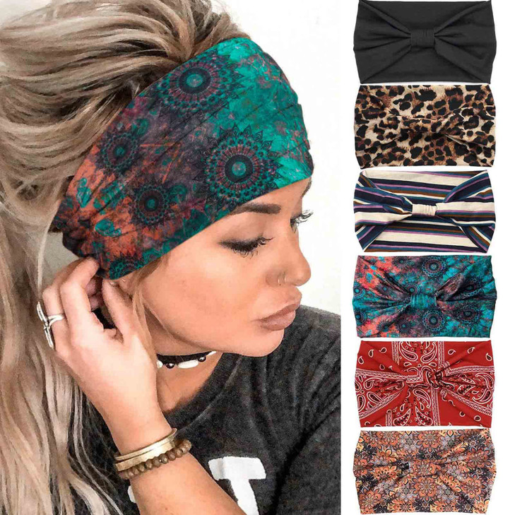 Olbye Boho Headbands Women Wide Knotted Hairbands Elastic Turban Head bands Nonslip Floral Headband Yoga Sports Sweatban